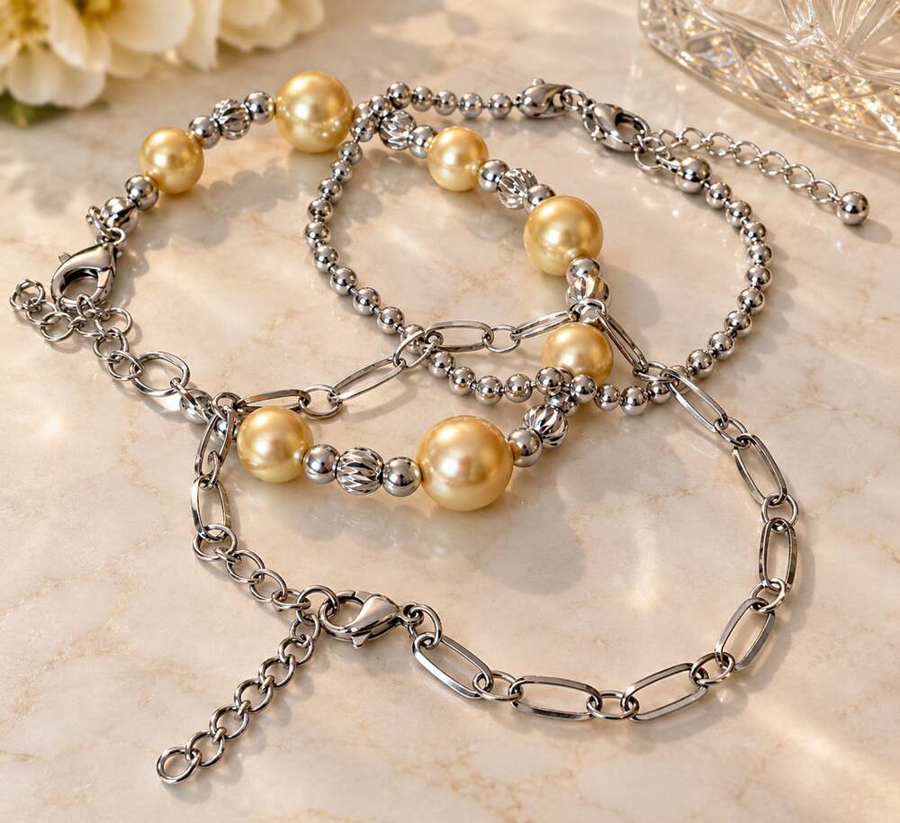 NEW Genuine Golden Pearl & Sterling Silver 3-Piece Bracelet Set – 7” + 2” Exten